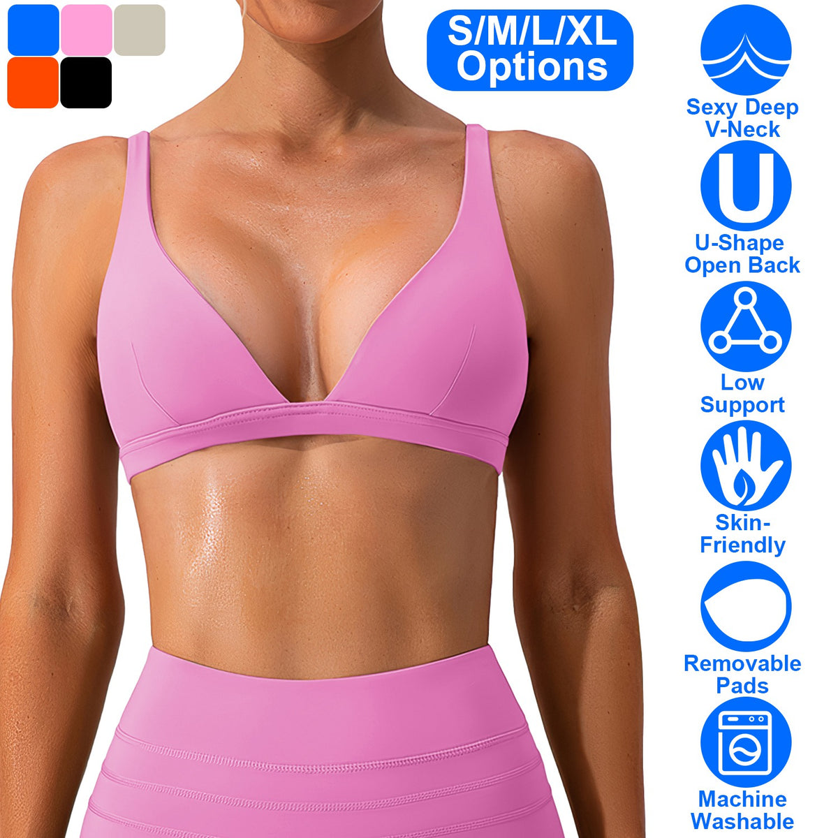 Women Deep V-Neck Sports Bras U-Shaped Back Sport Bras Padded Strappy Crop Open Back Low Impact Bras Sexy Fitness Tank Tops with Removable Pads for Gy