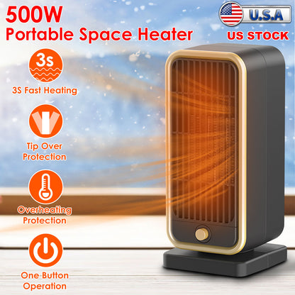 500W Portable Ceramic Space Heater with Tip-Over Protection