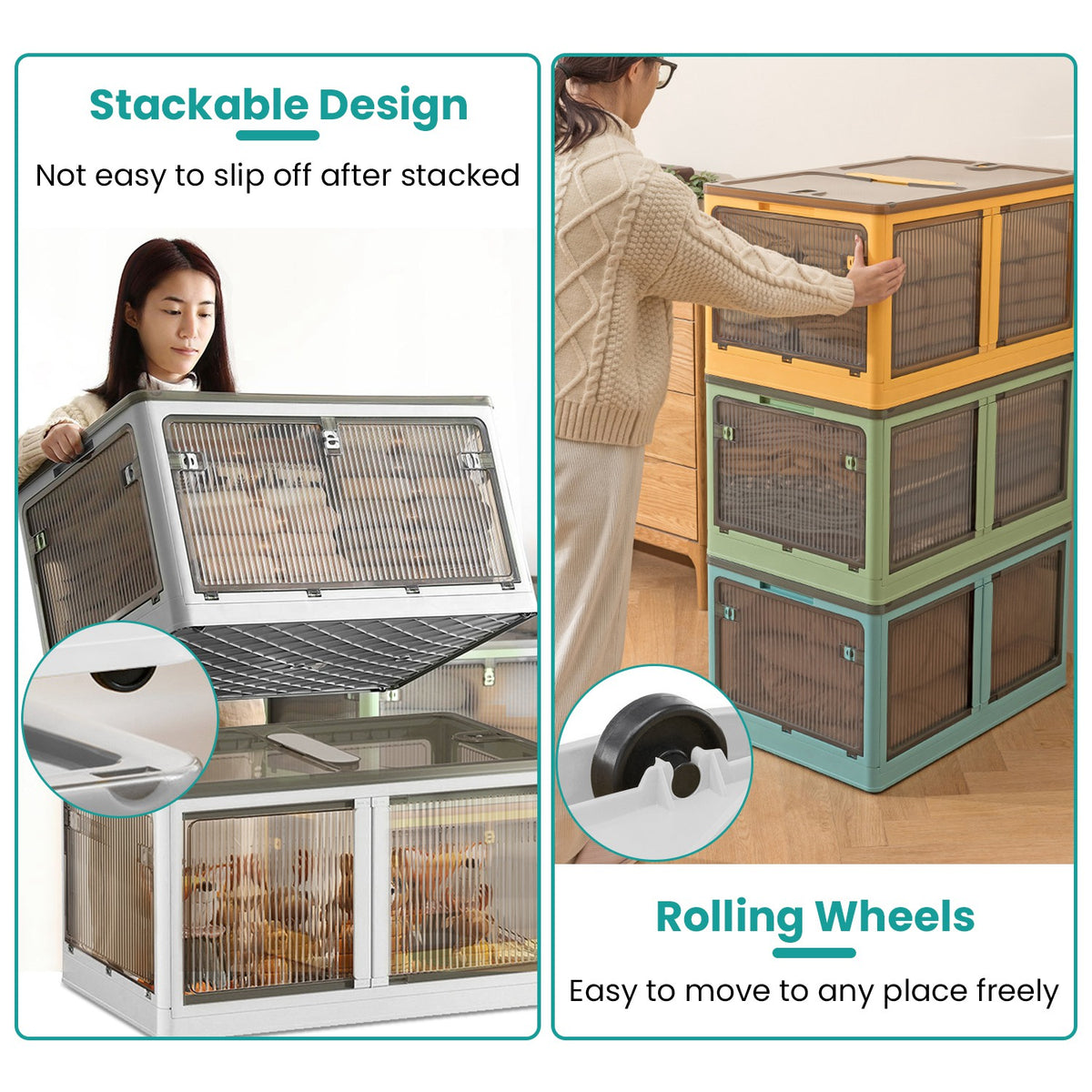 Foldable Storage Bins with Lids & Wheels - 3 Pack Stackable