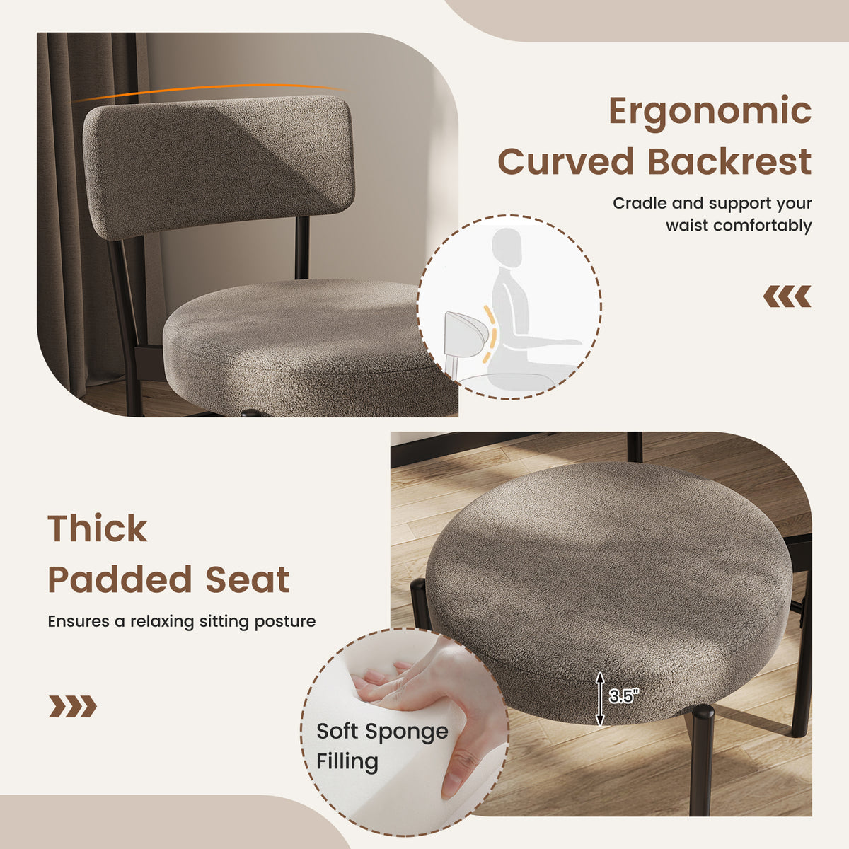 Padded Dining Chairs Set of 2 with Curved Backrest