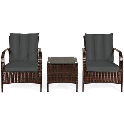 3 Pcs Patio Conversation Rattan Furniture Set with Glass Top Coffee Table and Cushions