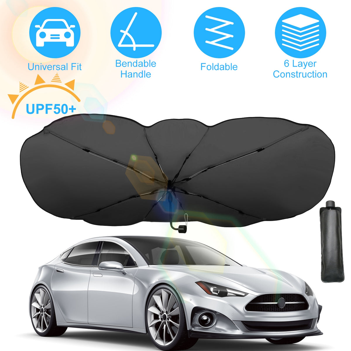 Foldable Car Windshield Sun Umbrella 57x33" UPF50+ Silver
