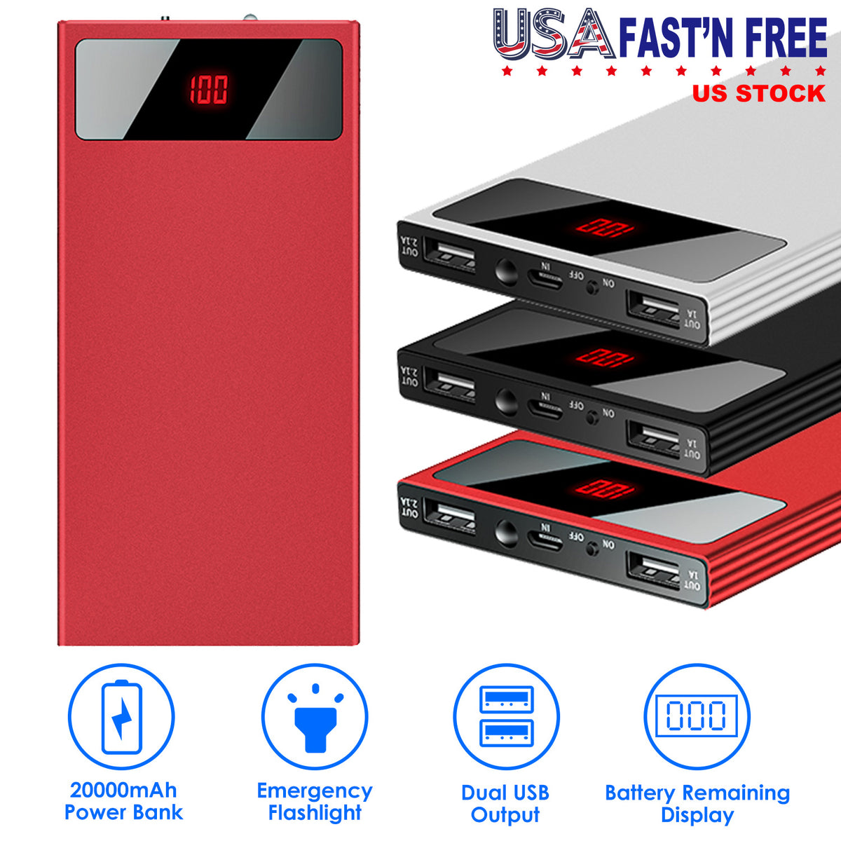 20000mAh Power Bank with Dual USB Ports and LED Flashlight