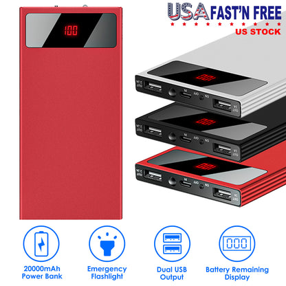 20000mAh Power Bank with Dual USB Ports and LED Flashlight