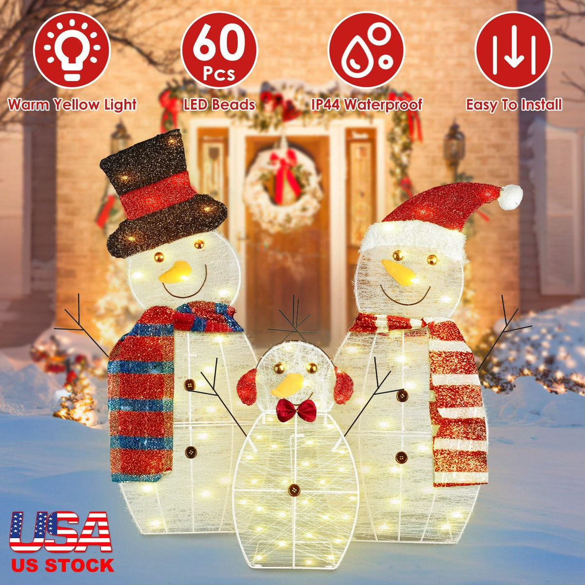 3Pcs 2D Christmas Snowman Yard Decoration Snowman Family Outdoor Decoration With 60Pcs LED Warm Yellow Lights IP44 Waterproof For Christmas Indoor Out