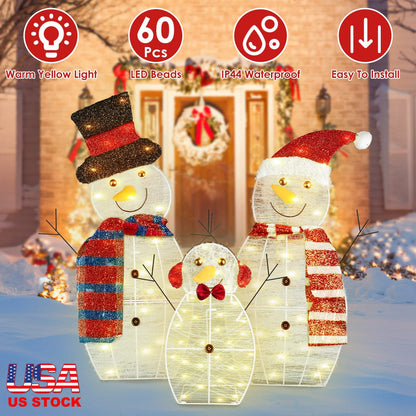 3Pcs 2D Christmas Snowman Yard Decoration Snowman Family Outdoor Decoration With 60Pcs LED Warm Yellow Lights IP44 Waterproof For Christmas Indoor Out