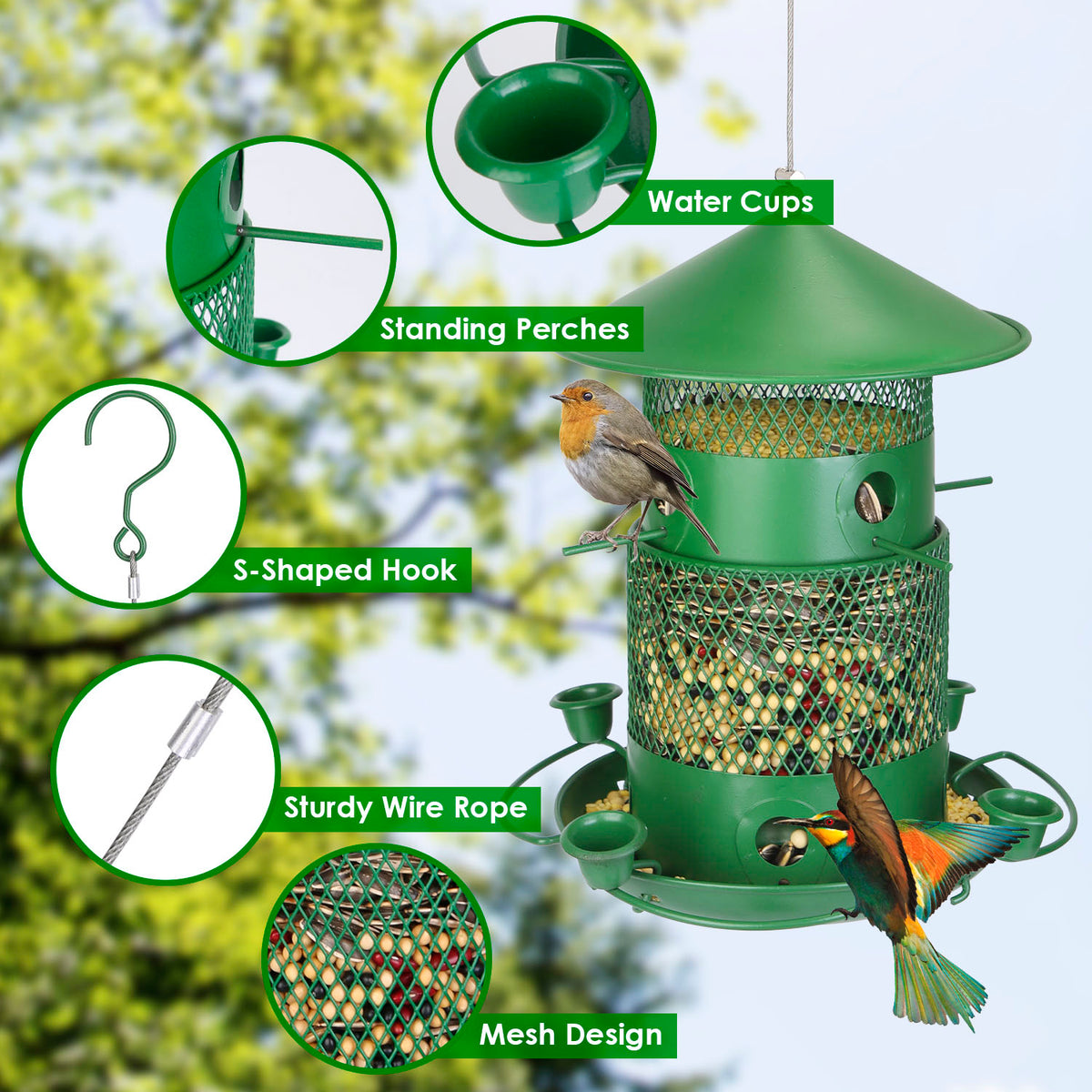 Squirrel-Proof Metal Bird Feeder with Water Cups & Perches