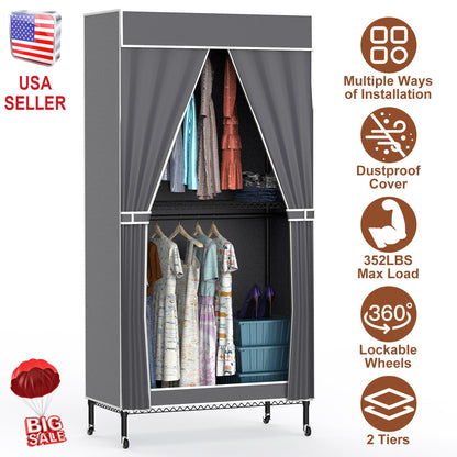 2-Tier Portable Clothing Rack with Cover and Wheels