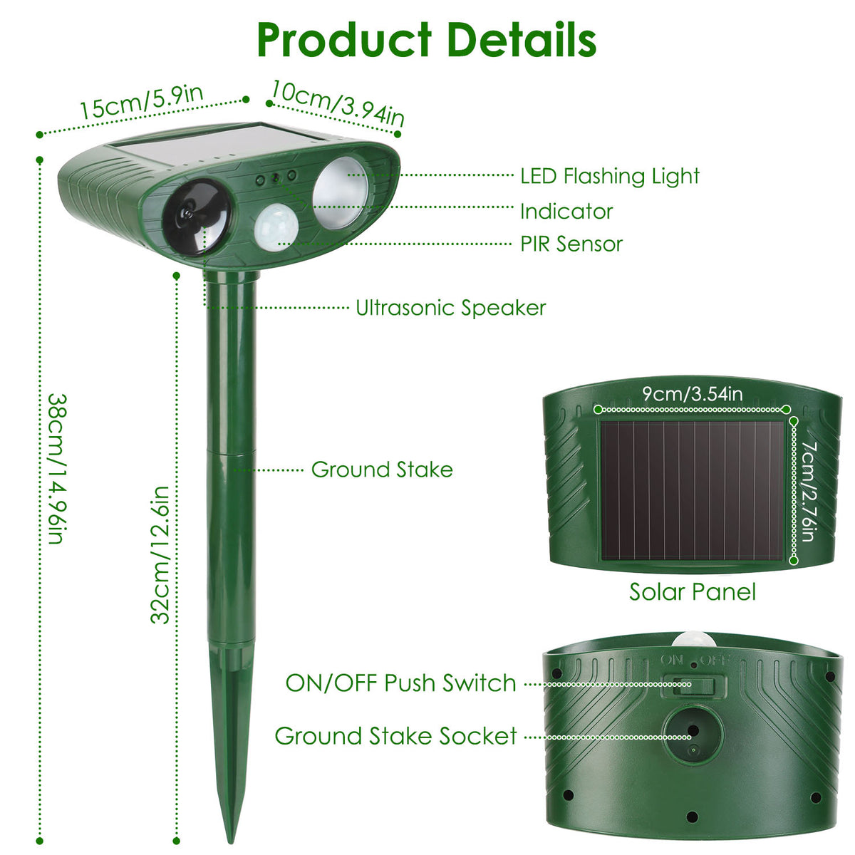 Solar Ultrasonic Animal Repeller with Motion Sensor & LED Light
