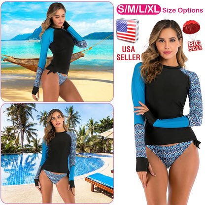 Women 2 Piece Long Sleeve Swimsuit Swim Shirt Bathing Wetsuit Printed Surfing Swimwear Top