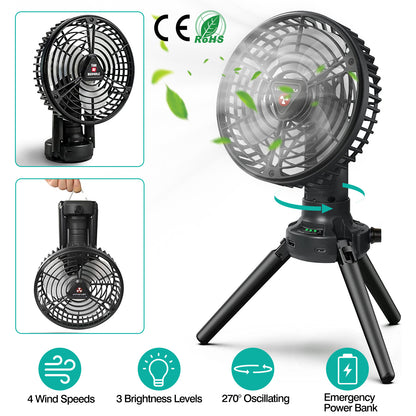 Camping Fan with LED Light & Power Bank - 270° Oscillating