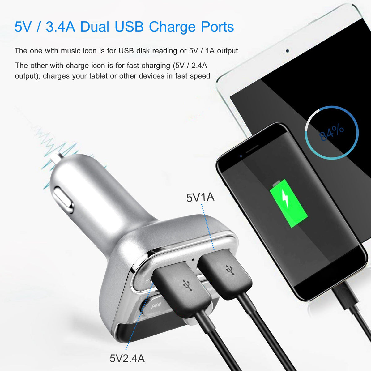 Car Wireless FM Transmitter 3.4A Dual USB Charge Hands-free Call Car MP3 Player TF Card USB Disk Reading