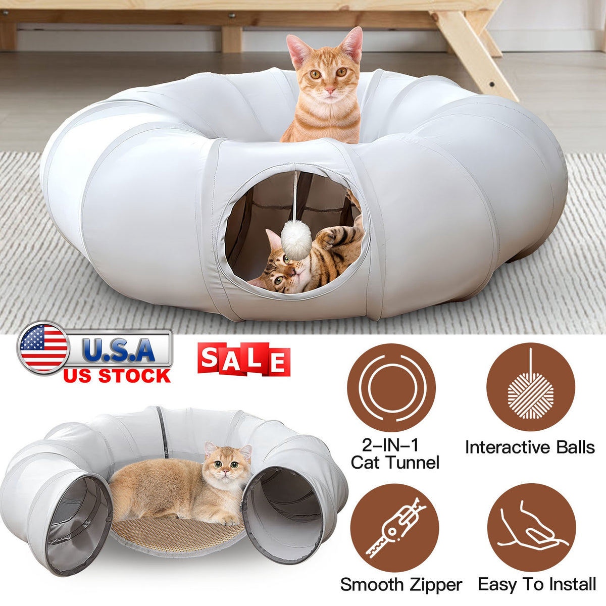 Cat Tunnel Bed with Interactive Balls & Cooling Mat