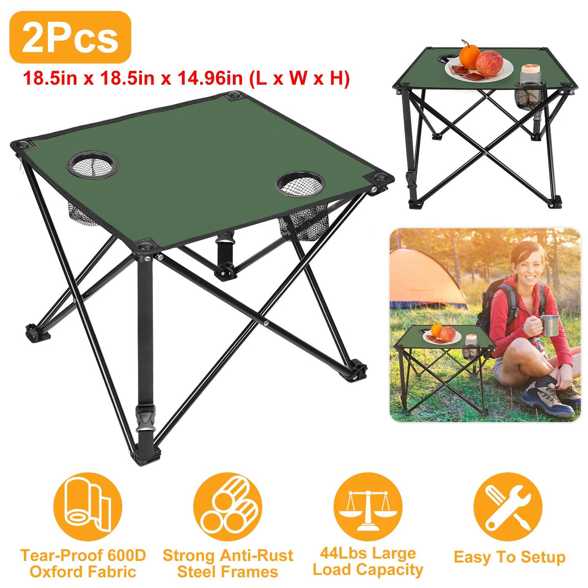 2Pcs Foldable Camping Table Portable Picnic Table Lightweight Travel Desk with 2 Cup Holders/Table Carrying Bag