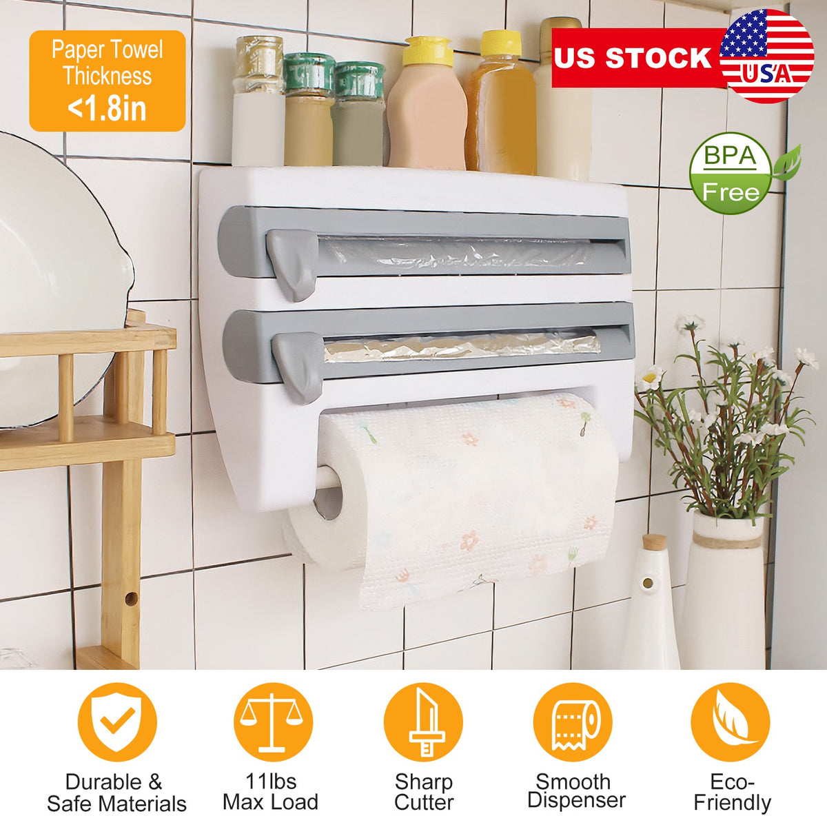 Kitchen Roll Dispenser Paper Roll Holder Plastic Wrap Film Foil Paper Organizer w/ Cutter Wall Mounted for Kitchen Bathr