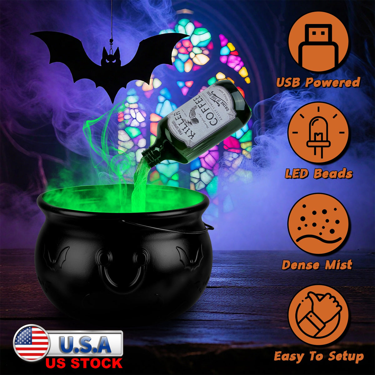 Floating Bottle Witch Cauldron with Mist Maker & Green Light