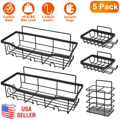 Shower Caddy 5-Piece Set with 18 Hooks - Adhesive Wall Mount