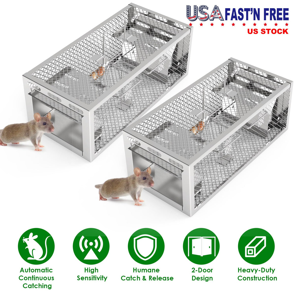 2-Pack Humane Rat Trap with Dual-Door Continuous Catch