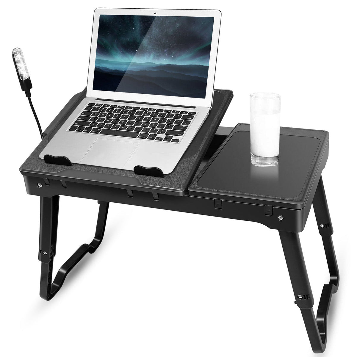 Foldable Laptop Table Bed Notebook Desk w/Cooling Fan Mouse Board LED light 4 x USB Ports Breakfast Snacking Tray with Storage Groove For Home Office