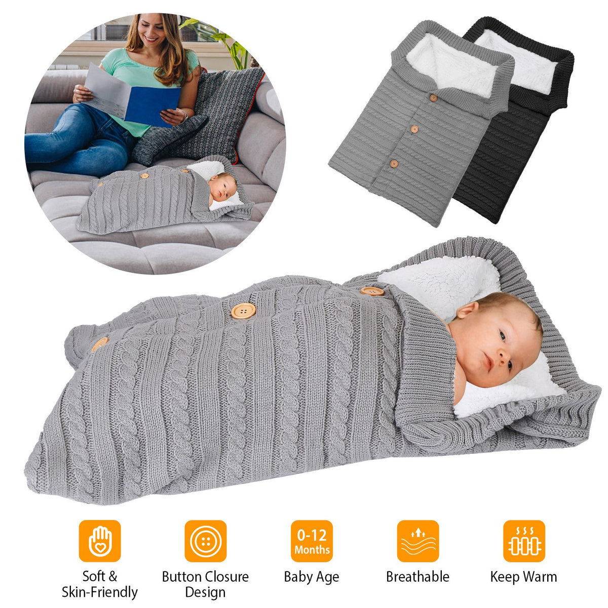 Baby Knit Swaddle Blanket with Button Closure 0-12 Months