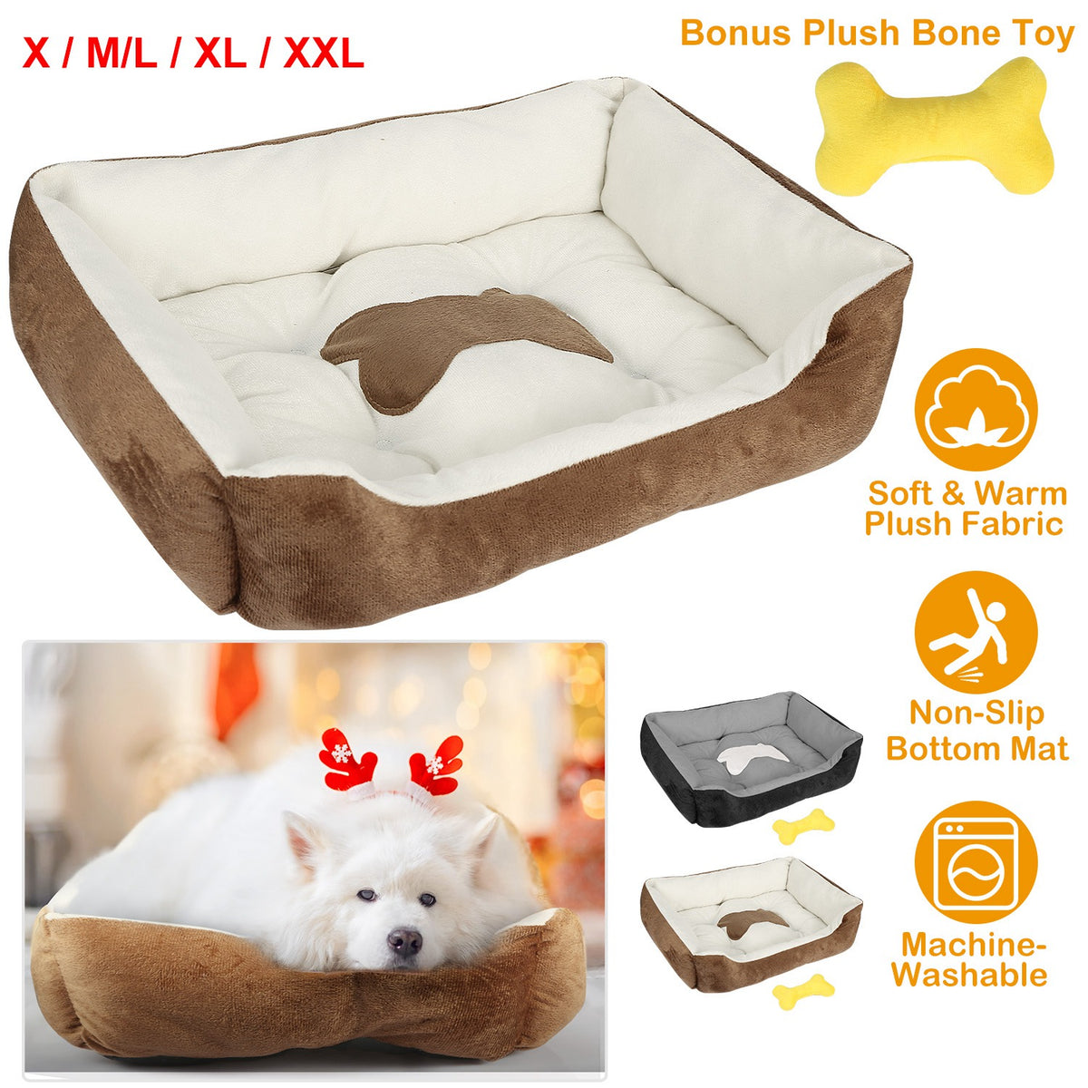 Plush Dog Bed with Non-Slip Bottom & Bonus Toy
