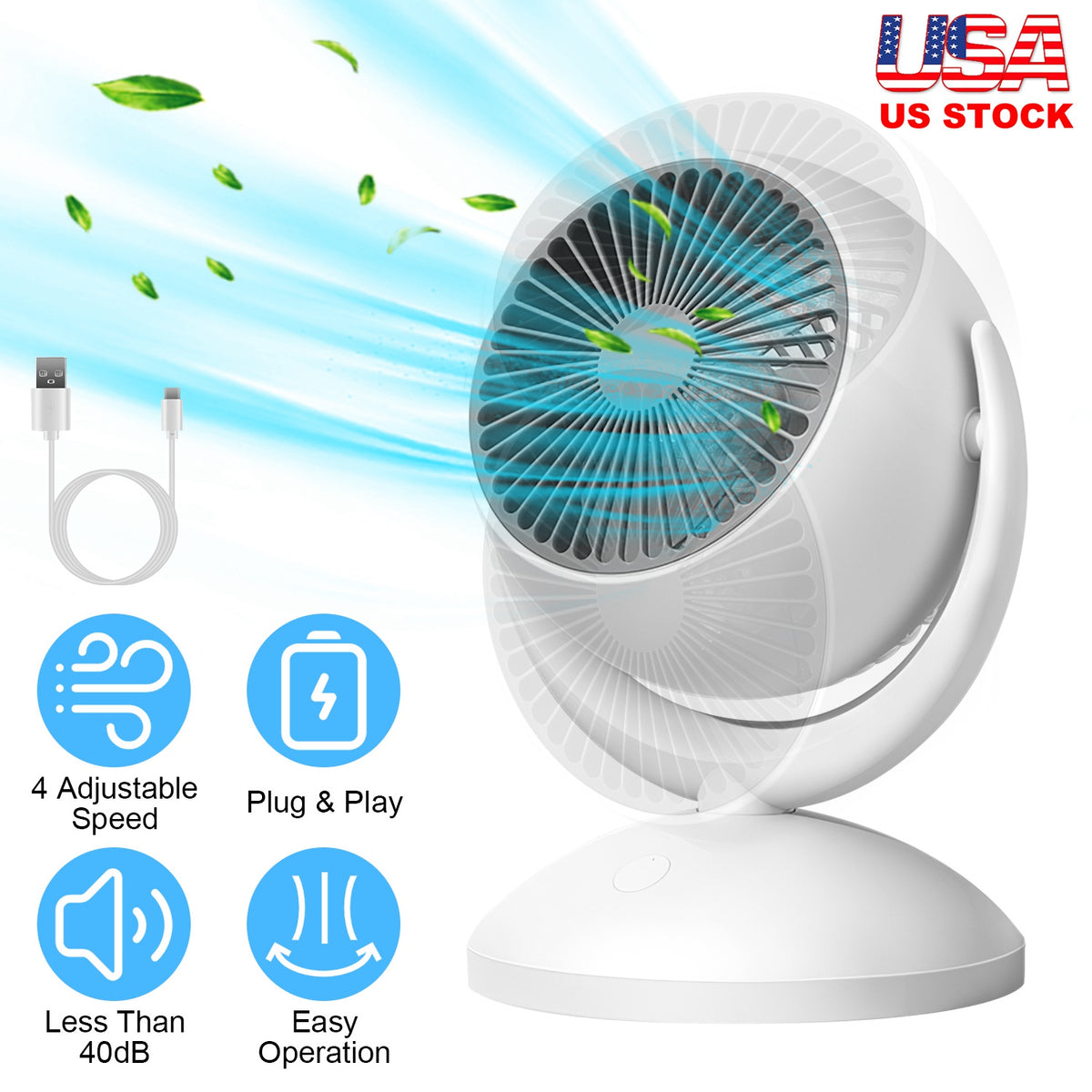 Rechargeable Desk Fan with 4 Speeds and Auto Oscillation