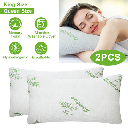Memory Foam Pillow Set with Bamboo Cover - Queen Size (2-Pack)