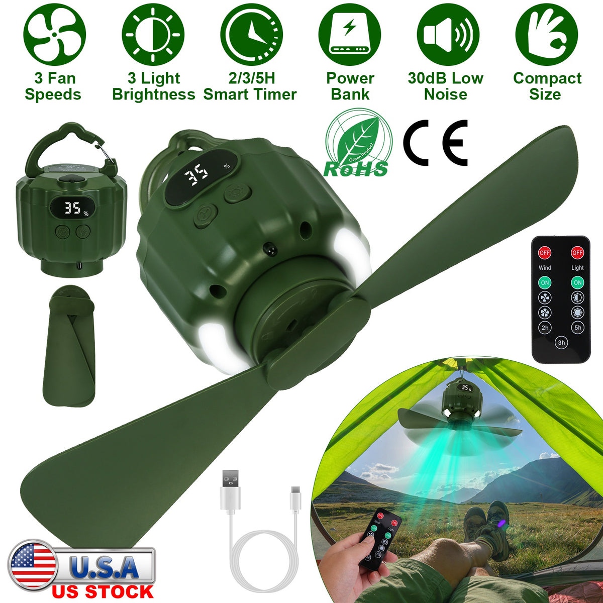 Portable Camping Ceiling Fan with LED Light & Power Bank