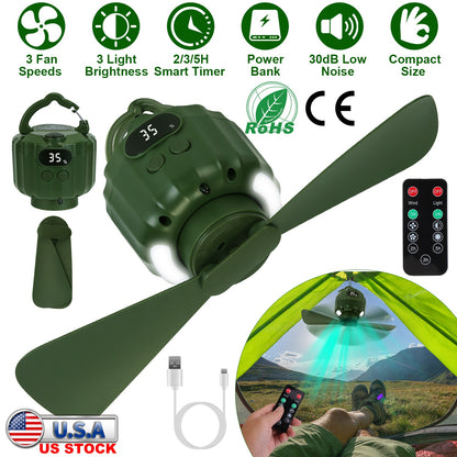 Portable Camping Ceiling Fan with LED Light & Power Bank