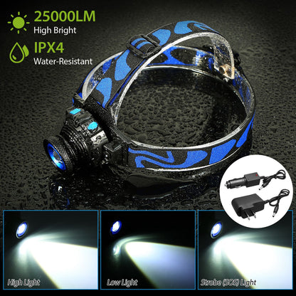 LED Headlamp 25000LM Rechargeable with Adjustable Beam