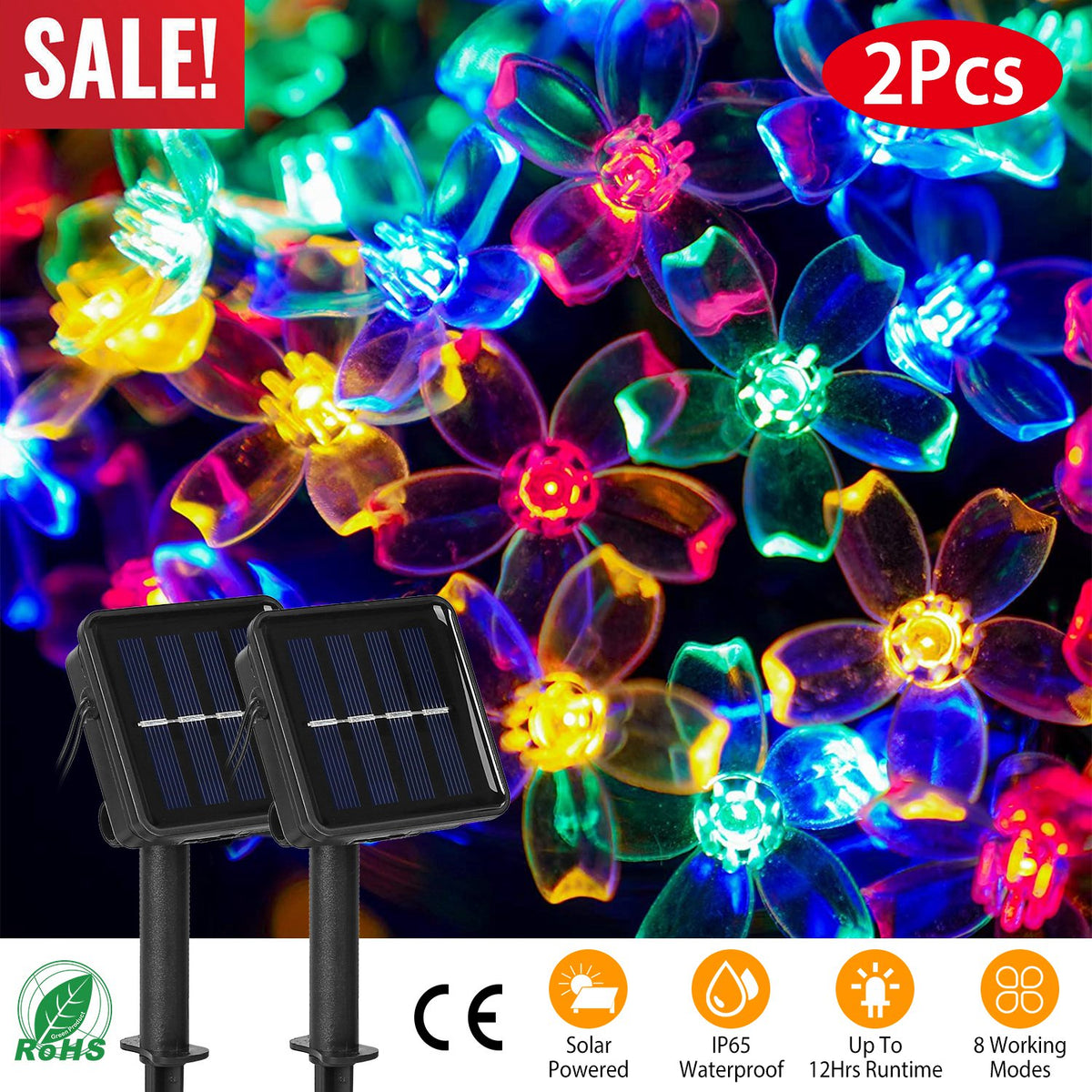 Solar Flower String Lights 50 LED Sakura Blossom 23ft Waterproof