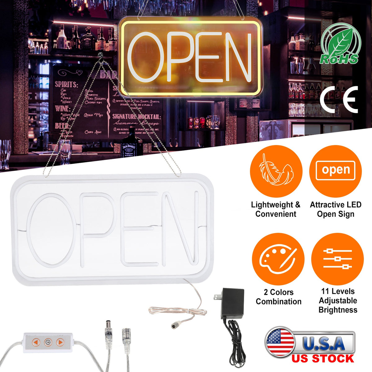 LED Open Sign 16.5x9.1in with 11 Brightness Levels