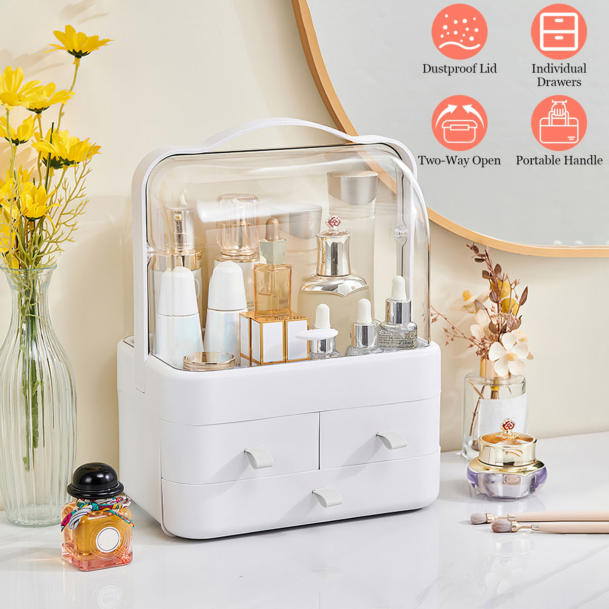3-Tier Makeup Organizer with Dustproof Lid and Drawers