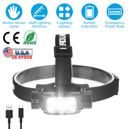 Motion Sensor Headlamp with 9 Modes & Hand Wave Control