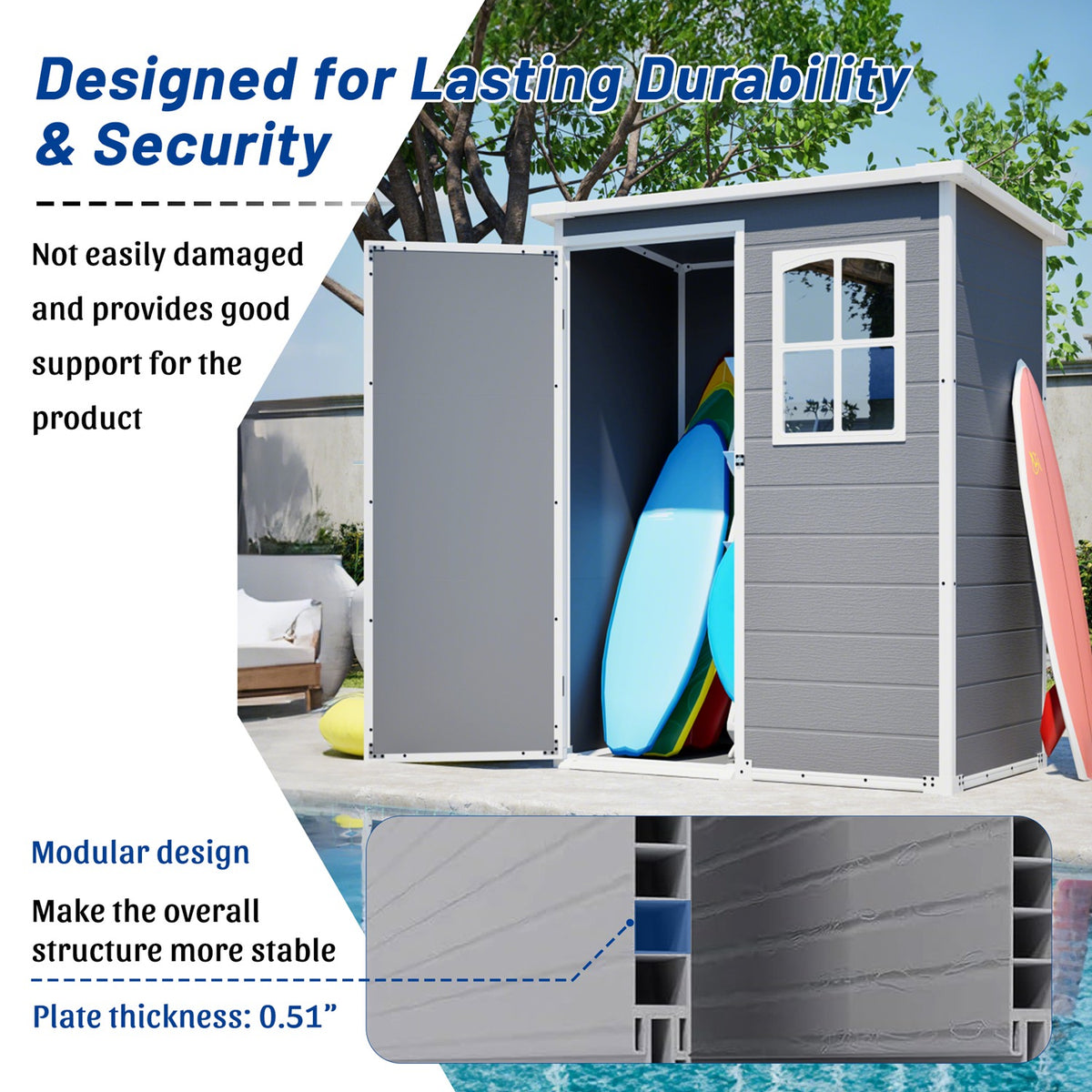 5x3FT Resin Outdoor Storage Shed with Floor Lockable Garden Shed with Window Sloped Roof Weather-Resistant Tool Shed for