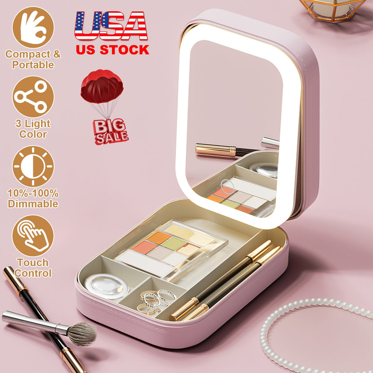 Portable Travel Makeup Bag With LED Mirror Rechargeable Beauty Mirror With 3 Color Light Dimmable Brightness Waterproof Cosmetic Bag With 4 Compartmen
