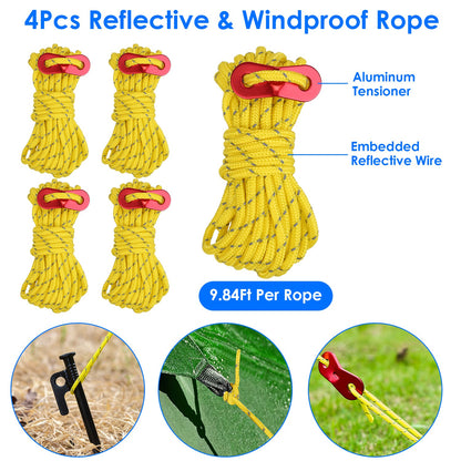Tent Stakes Kit with Hammer and Reflective Ropes - 10 Stakes