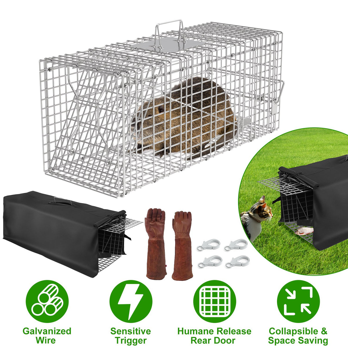 Humane Live Animal Trap Cage with Waterproof Cover - 30.5"
