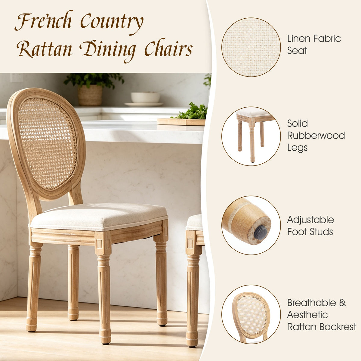 French Style Solid Wood Dining Chairs Set of 2, Elegant Oval Back Kitchen Side Chairs for Dining Room & Living Room