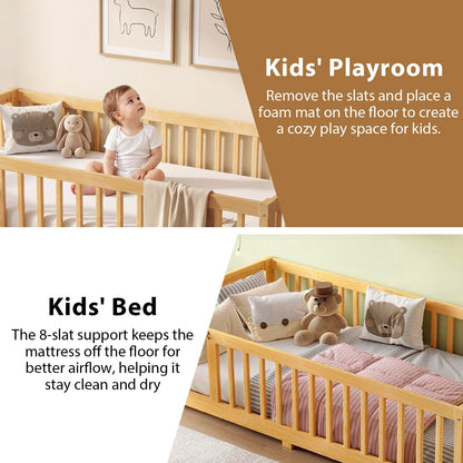 Montessori Floor Bed with Safety Guardrails - Pine Wood