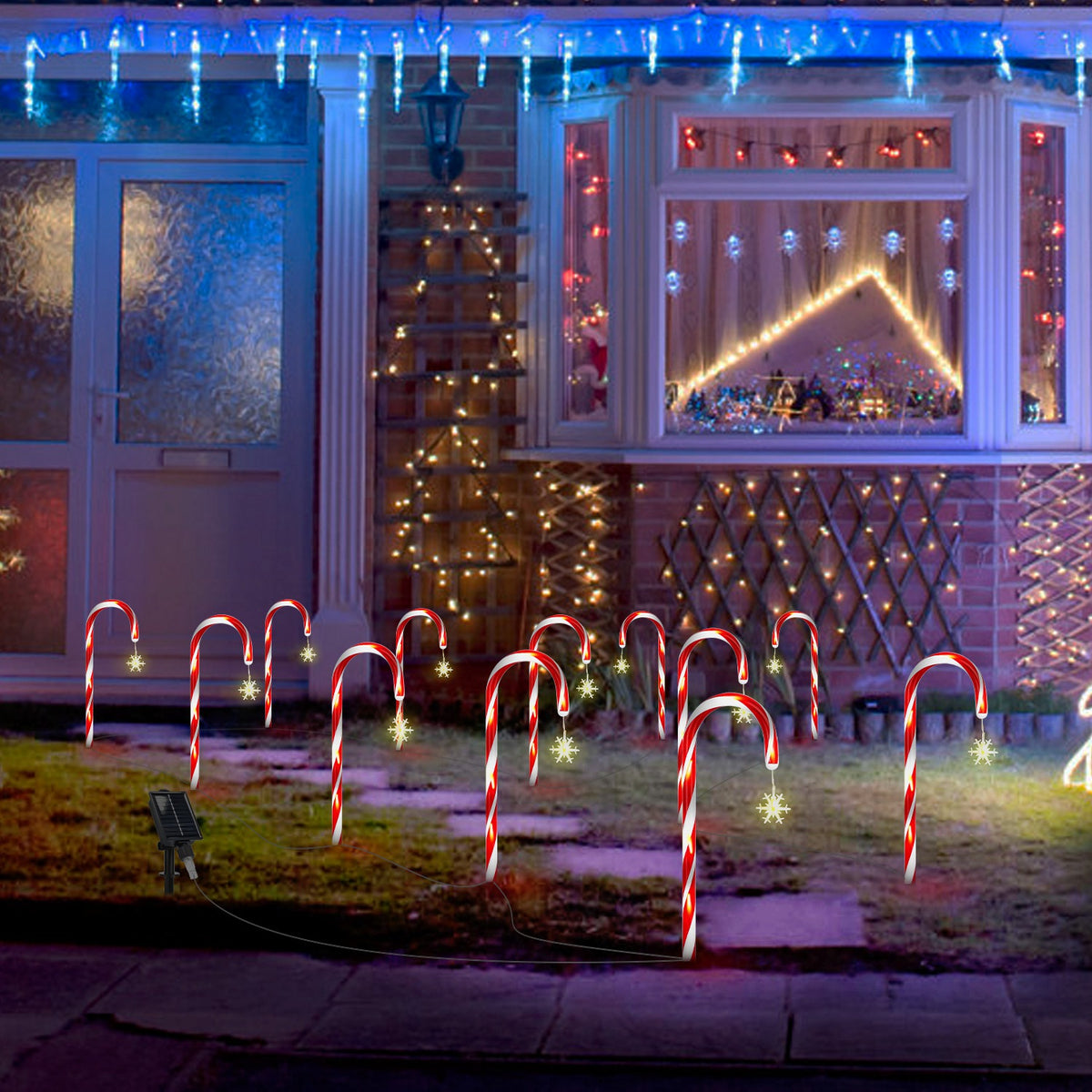 Solar Candy Cane Christmas Lights - 12 Canes, 72 LEDs, 8 Modes