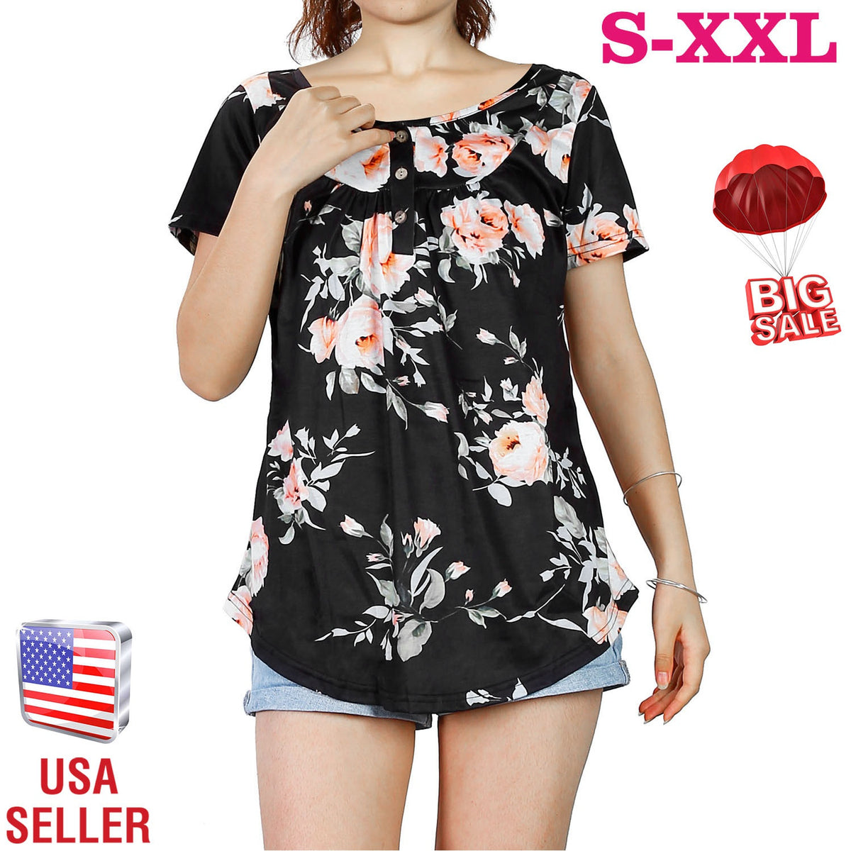 Women Summer Shirts Tops Loose Short Sleeve T Shirts Casual Floral Printed Button Shirts Blouse S-XXL