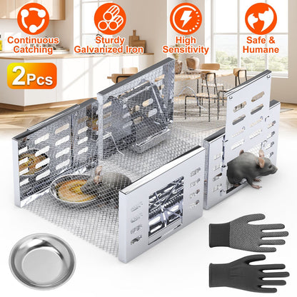 2Pcs Humane Rat Trap Catch and Release Live Mouse Cage Traps with Automatic Continuous Cycle Trapping for Chipmunk Rodent Mouse Small Animals