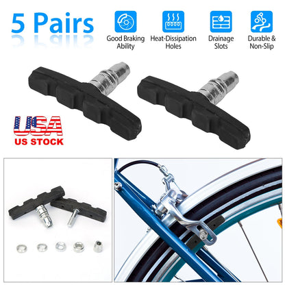 5 Pairs V Bike Brake Pads Road Mountain Bicycle V-Brake Blocks Set 70mm Non-Slip V Bicycle Stop Caliper W/ Hex Nuts and Spacers