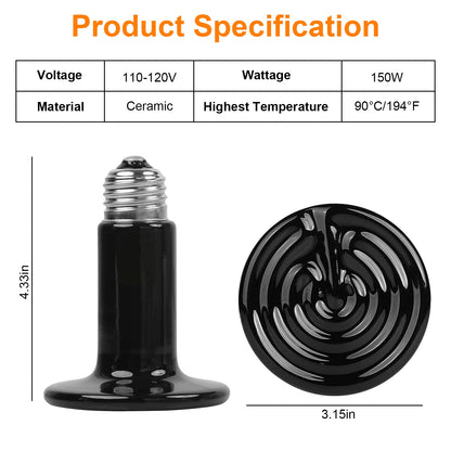 Ceramic Heat Lamp 150W Infrared Reptile Heater - 2 Pack
