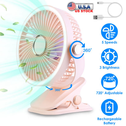 Clip-On Fan with 5 Speeds, LED Light & 720° Rotation