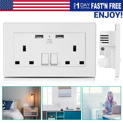 UK Dual Wall Socket with USB Charging Ports & Switches