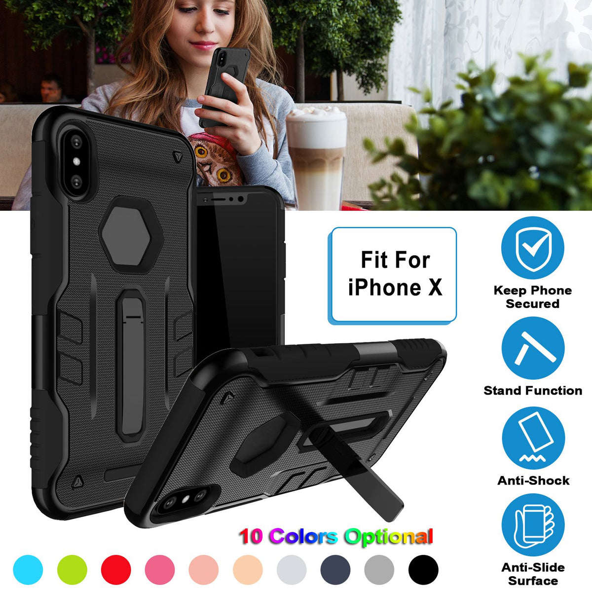 iPhone X Rugged Case with Kickstand - Dual Layer Protection
