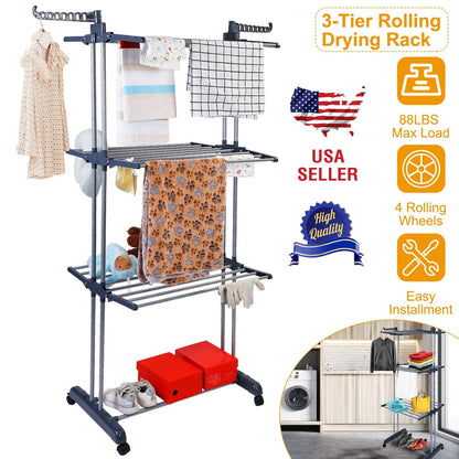 Clothes Drying Rack Rolling Collapsible Laundry Dryer Hanger Stand Rail ShelveWardrobe Clothing Drying Racks w/ Dual Side Wings