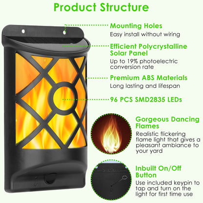 Solar Flame Wall Light with 96 LEDs - Waterproof Outdoor
